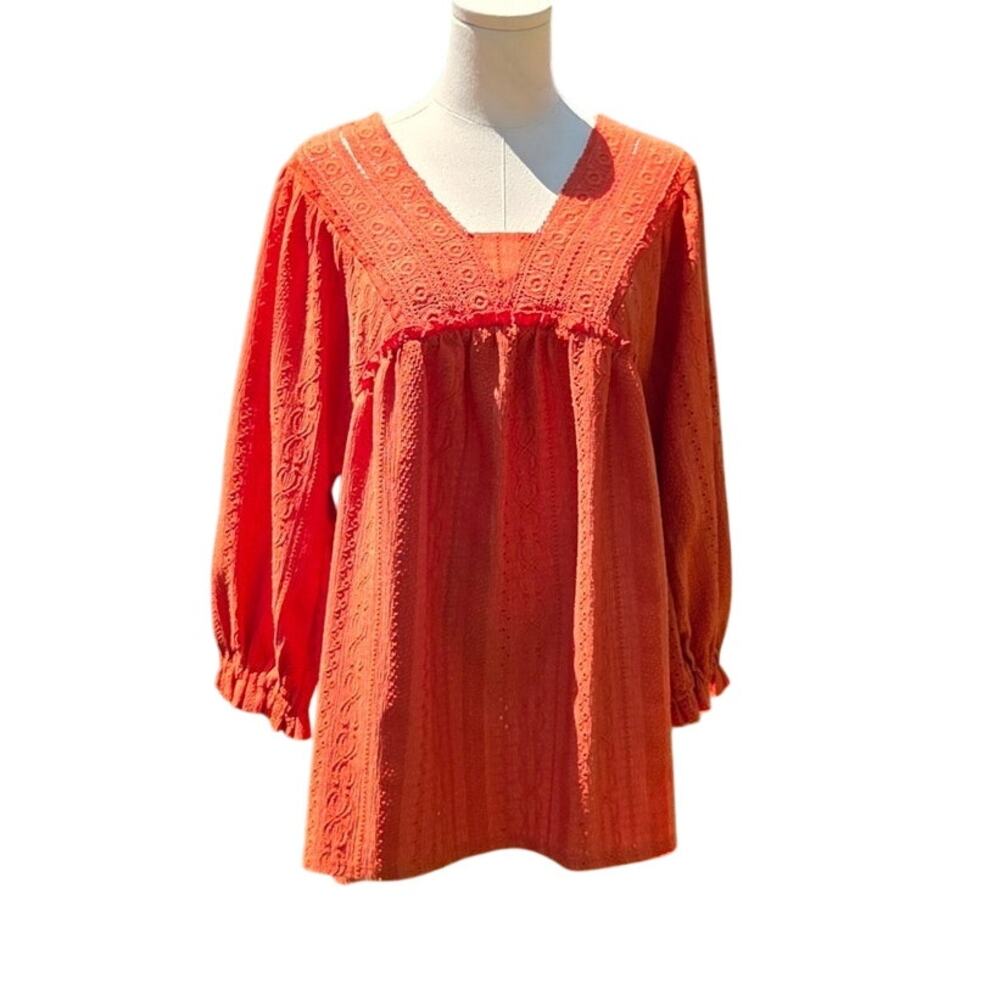 Cato Boho Orange Lace Trim Peasant Tunic Blouse Womens Size 14 16W - Picture 5 of 12